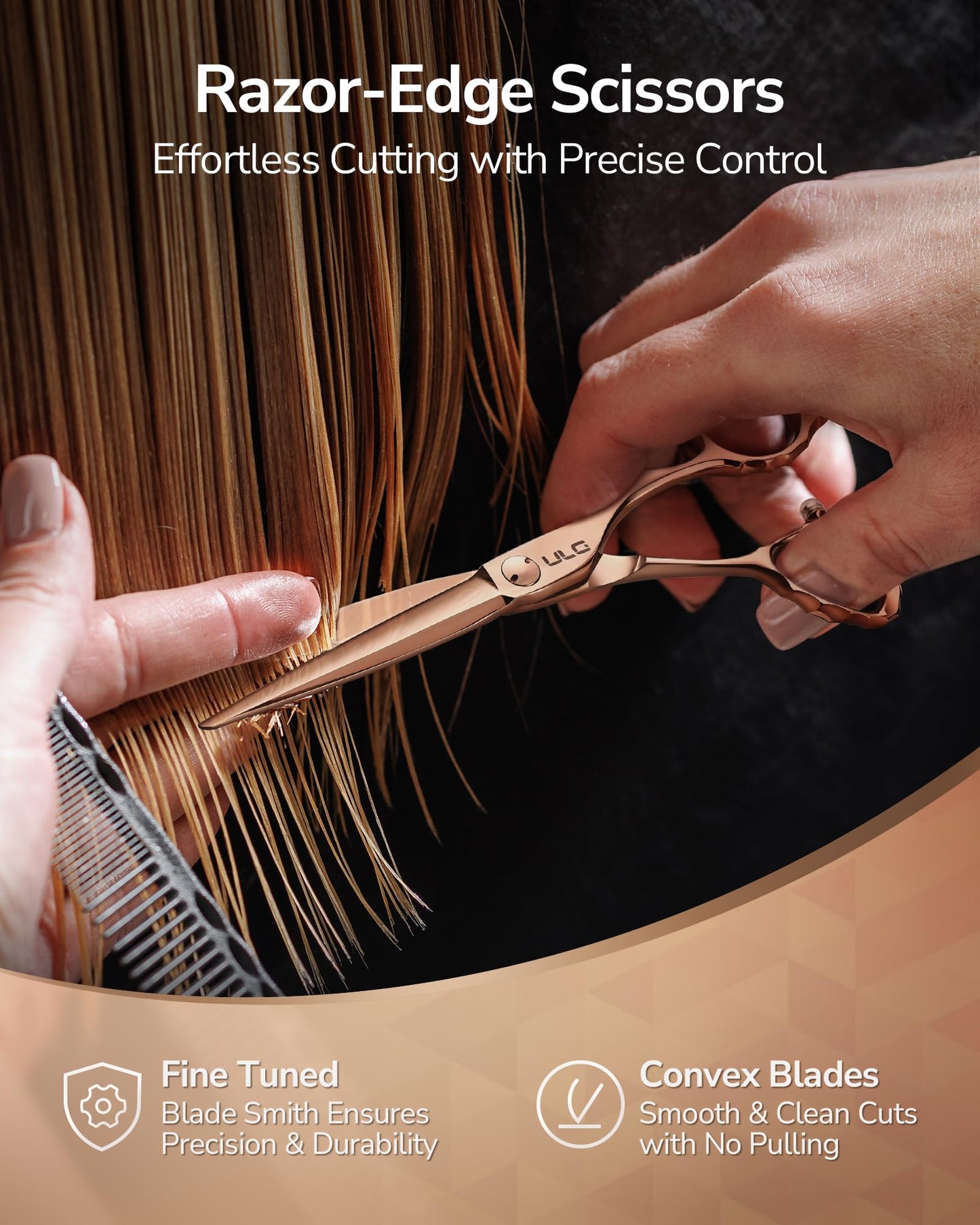 ULG Professional Hair Cutting Scissors with Luxury 18K Rose Gold Finish 6.5" Barber Scissors 440C Japanese Stainless Steel Hand-Honed Razor Sharp Blades Offset Handles Tension Adjustable, Right-Handed