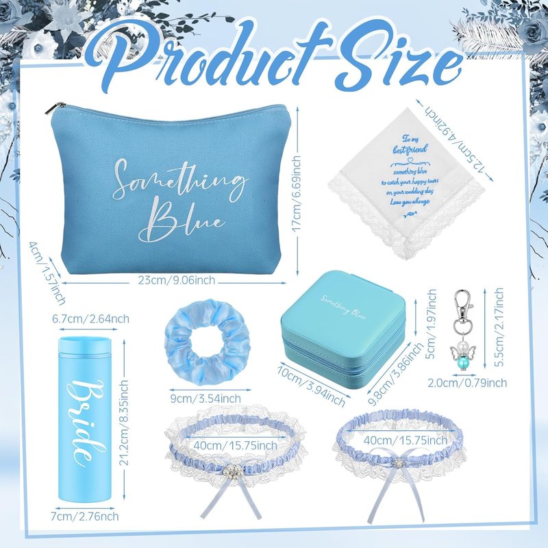 Something Blue Wedding Gift Set - 8 Pcs Handkerchief, Tumbler, Garter & More | Bridal Accessories