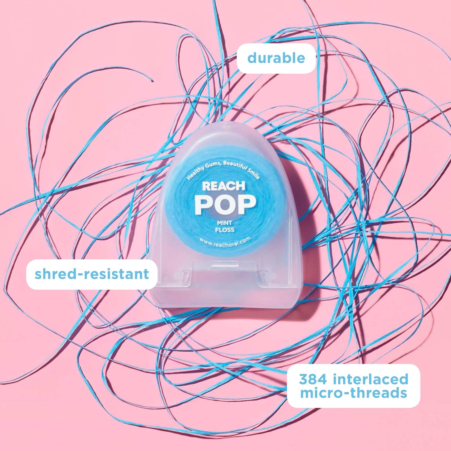 REACH POP Dental Floss, Mint, Plaque Remover for Teeth, Shred Resistant, Vegan Wax, Cruelty Free, Eco Friendly Packaging, Oral Care, PFAS Free, for Adults & Kids, 6 Pack, 54.6 yd
