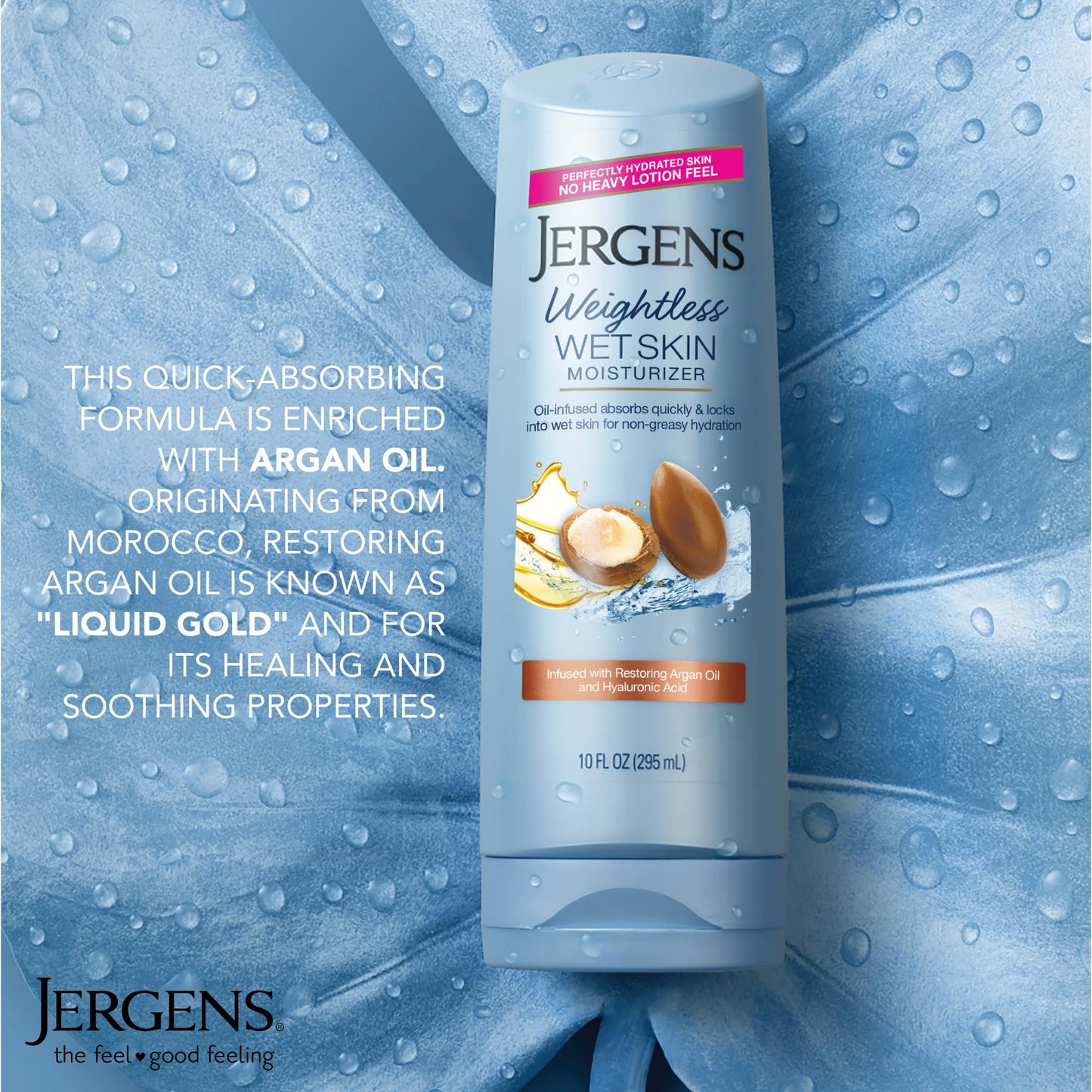 Jergens Wet Skin Body Moisturizer with Restoring Argan Oil, 4X Healthier Looking Skin, Fast-Absorbing, Non-Greasy, Dermatologist Tested, 10 Oz, Pack of 4