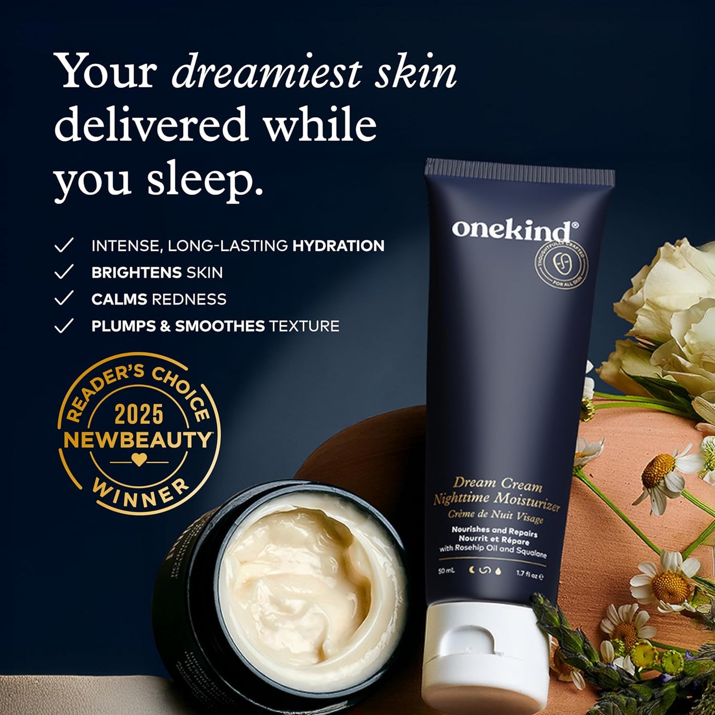 Onekind Night Moisturizer - Hydrating Dream Cream for Wrinkles & Anti-Aging | 1.7 oz, Squalane & Rosehip