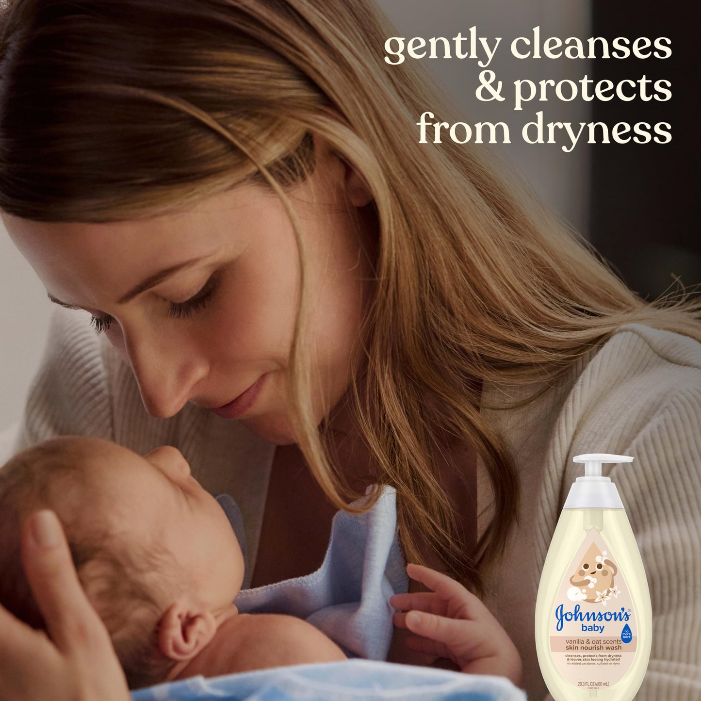Johnson's Skin Nourishing Moisture Baby Wash, Vanilla & Oat Scents, Tear-Free, Hypoallergenic Baby Body Wash Cleanses, Protects from Dryness, & Leaves Skin Feeling Hydrated, 20.3 fl. oz