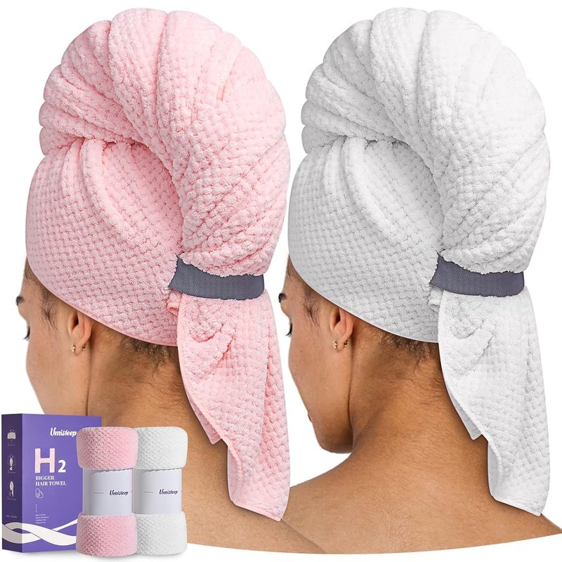 Extra Large Microfiber Hair Towel for Curly, Thick Hair - Ultra Absorbent Drying Wrap, Soft Anti-Frizz Turban | 2 Pack (White, Pink)