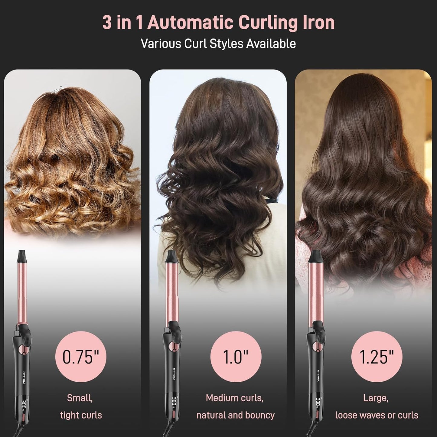 Automatic Curling Iron - 3-in-1 Interchangeable Curling Wand for Lasting Beach Waves | Adjustable Temp, Dual Voltage, Rose Gold