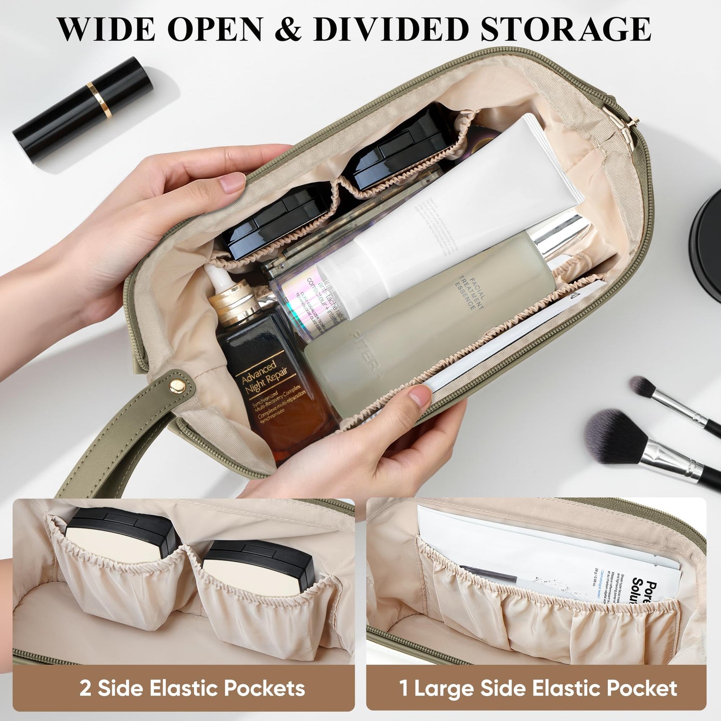 MSTONAL Travel Makeup Bag, Large Capacity Double Layer Cosmetic Bags for Women, Waterproof Portable Make Up Skincare Pouch with Makeup Brush Organizer, Toiletry Bag for Essentials, Beige & Olive Green