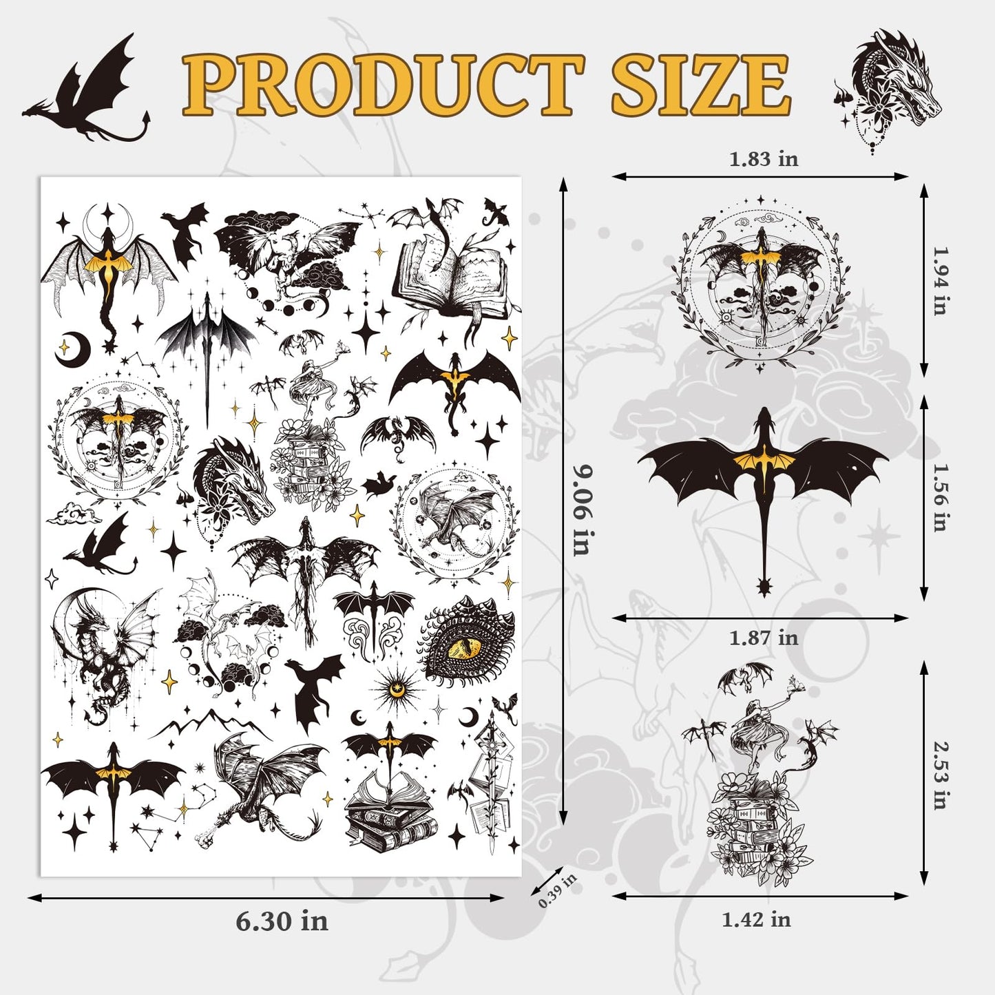 Black Wings Dragon Temporary Tattoos - 200+ Dragon Birthday Party Decorations Favors Supplies Dark Mysterious Ancient Animals Tattoo Stickers for Kids Boys Girls Dragons Goodie Bags Fillers Gifts