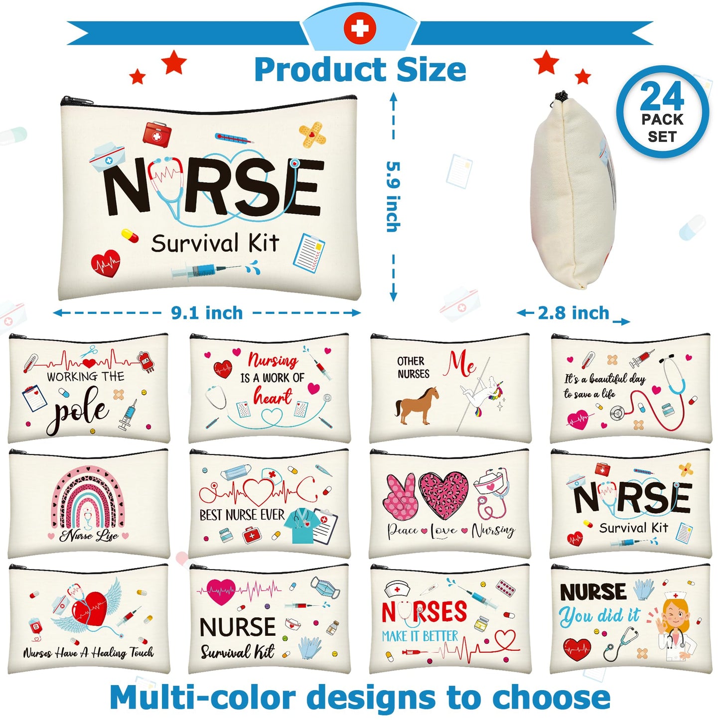 ZATAYE Nurses Week Accessories, 24 PCS Nurse Survival Kit Bag, Canvas Zipper Pouch Nurse Practitioner Accessories, Nurse Zipper Travel Makeup Bag for Women Girls Nurses Nurse Party