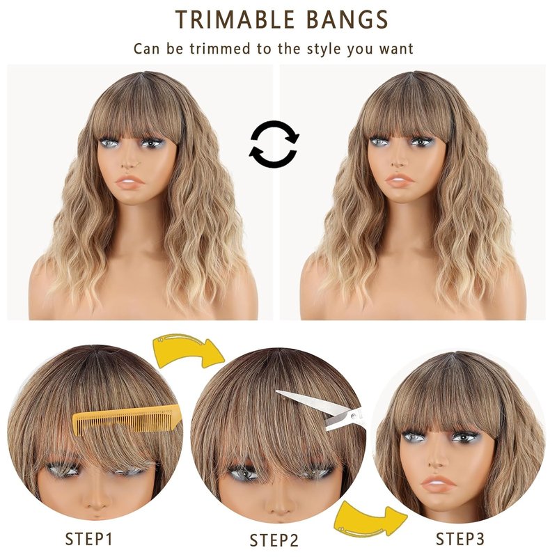 Blonde Wavy Wig for Women - Natural-Looking Synthetic Bob with Bangs | Heat-Resistant Curly Ombre Hair for Cosplay