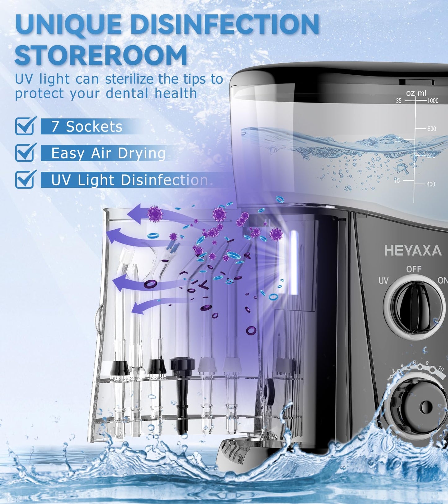 HEYAXA Water Dental Flosser for Teeth Cleaning with 1000ML Large Capacity and UV Storage, 10 Adjustable Pressure Electric Oral Irrigator with 7 Jet Tips, Gifts for Dental Health Seekers