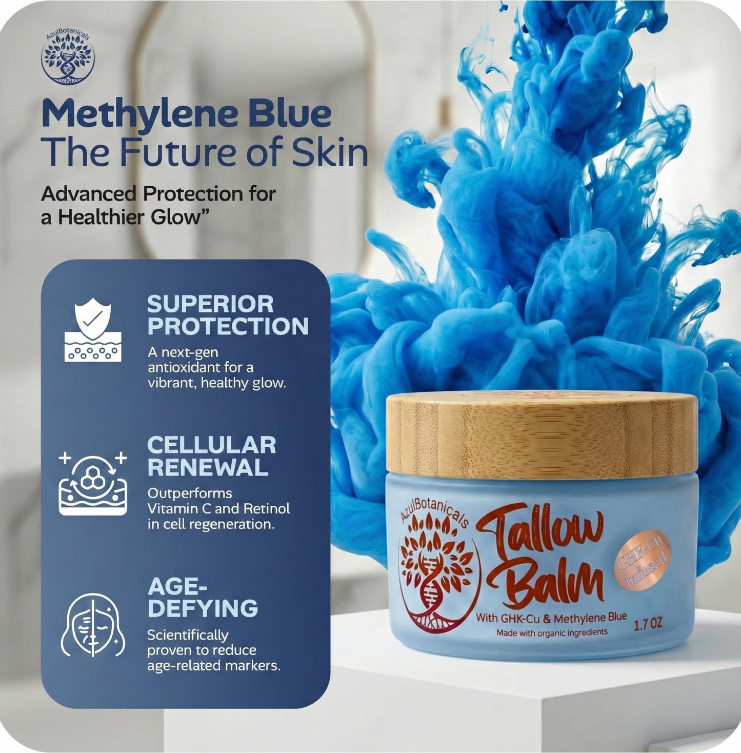 Whipped Balm for Skin & Face Made In The USA - Copper Peptide GHk-Cu & Methylene Blue Infused Whipped Grass Fed Tallow Balm, Fine lines, Wrinkles, Eczema, Acne, Full body Moisturizer (1.7 oz)