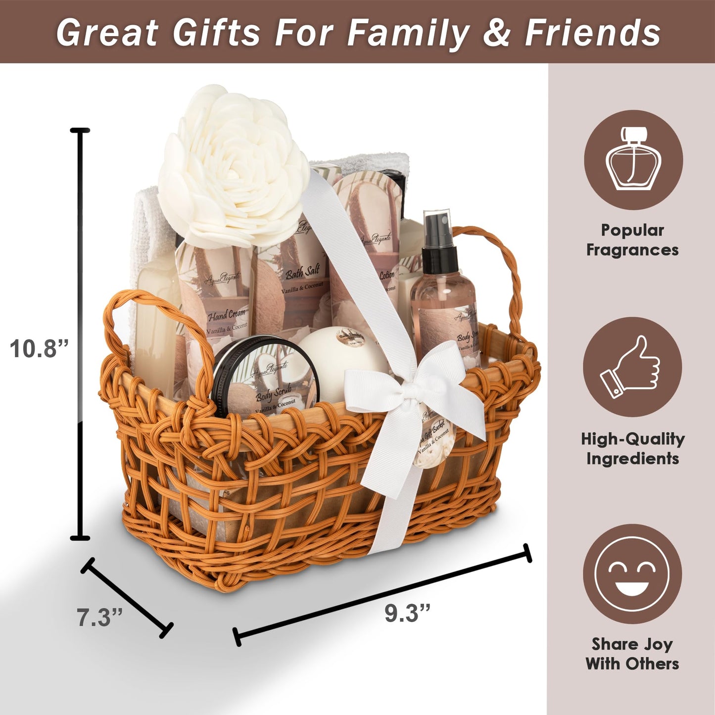 Aqua Elegante Spa Basket For Women - Deluxe Bath Set with Wash, Bubble Bath, Lotion, Salts, Body Scrub, Towel, Shower Puff, Bathbombs, Reusable Basket, Gifts for Mom, Wife, Her - Honey & Lavender
