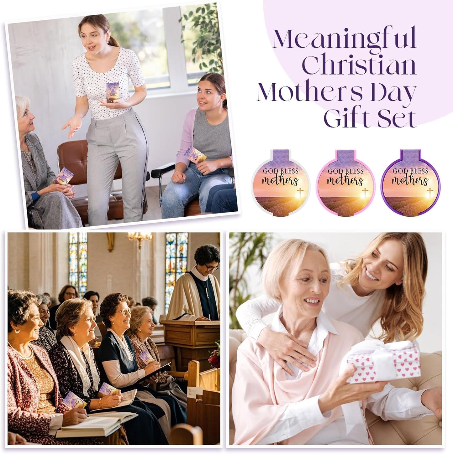 Christian Gifts for Mother's Day - Compact Folding Mirrors with Bible Verses & Happy Mother Cards | 50 Sets - Lavender