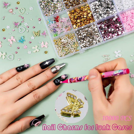 10000pcs Nail Charms and Gems:Pink Cute Bow Heart 3D Flower Charms for Junk Cases kit;Gold Chunky Butterfly Charms for Nails Design,nail jewels Diamond Rhinestones for Nails;Beads Pearls for Nails Art
