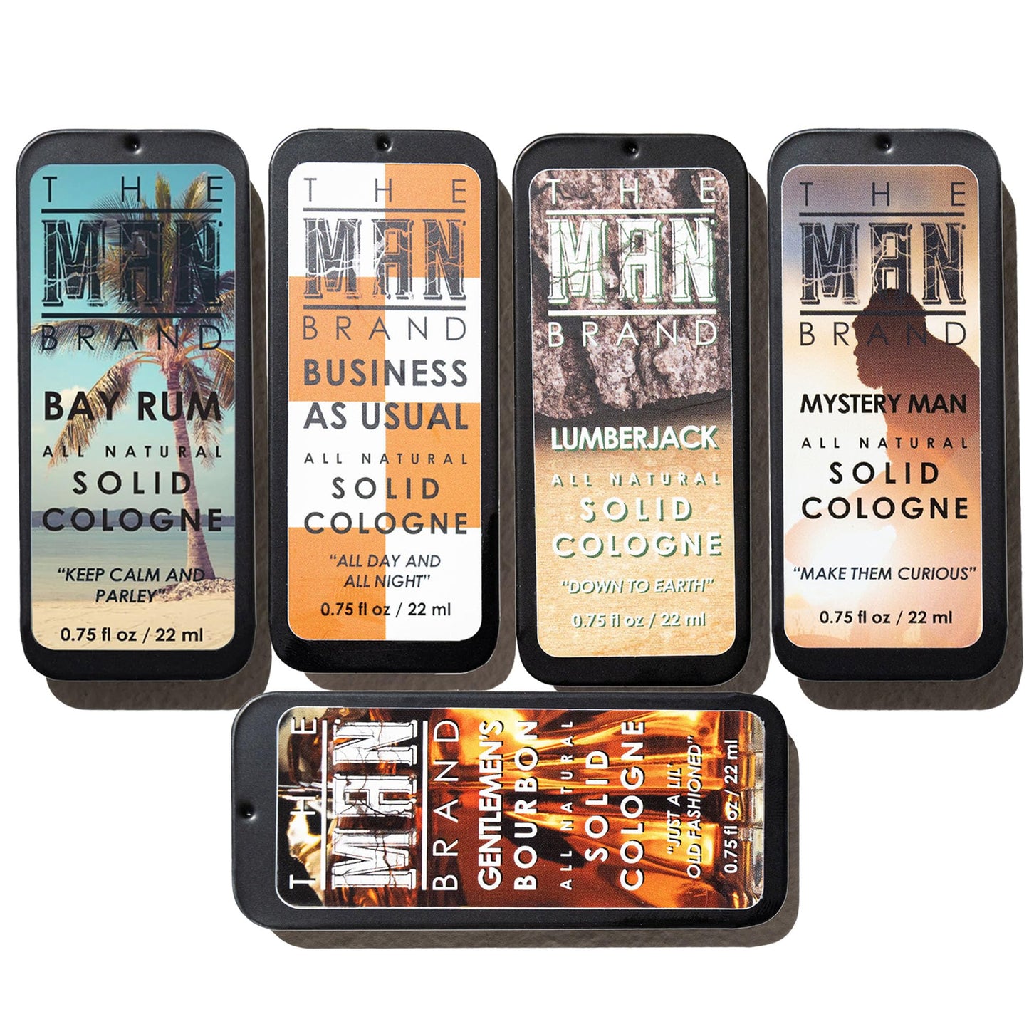 Solid Cologne Set of 5 with Bay Rum Wax Fragrance, Bourbon Perfume Balm, Business As Usual, Lumberjack, and Mysetry Man - Wax Perfume Sampler Set (Five Armies - 5 Pack - 0.75 oz each)