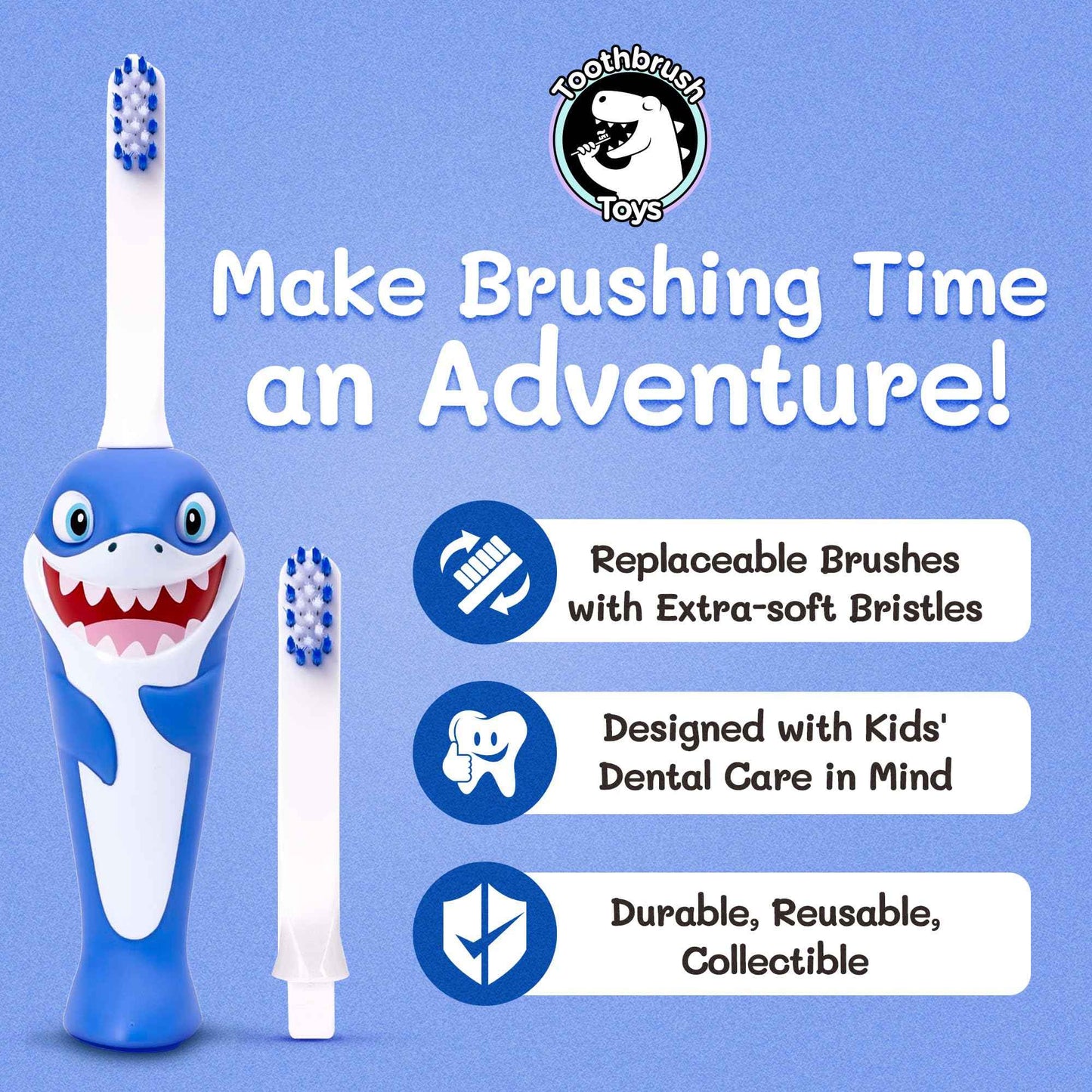 Kids Soft Bristle Shark Toothbrush for Ages 2+, Gentle and Cute Toothbrush for Children with Replaceable Brush Head, Ergonomic Handle Kids Brush for Teeth Care Ideal for Toddlers, Shark Design