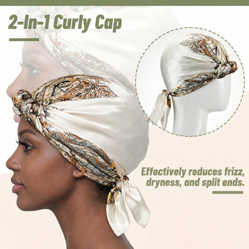 Funnysoft 3 Pcs Wrap Hair Net with Scarf, Women Silk Press Doobie Hair Wrap Netted Scarf 2 in 1 Easy-to-use for Silk Press & Nighttime Care, Sleep & Shower Cap(Luxury Boho,Beige Yellow Gold)