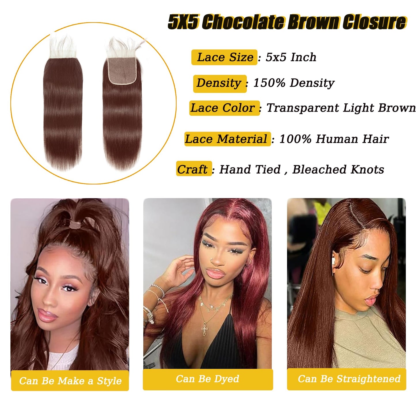 Kafeier 5x5 Chocolate Brown Closure 4# 100% Human Hair Pre Plucked With Baby Hair stright Closure 5 by 5 Lace frontal 12 Inch