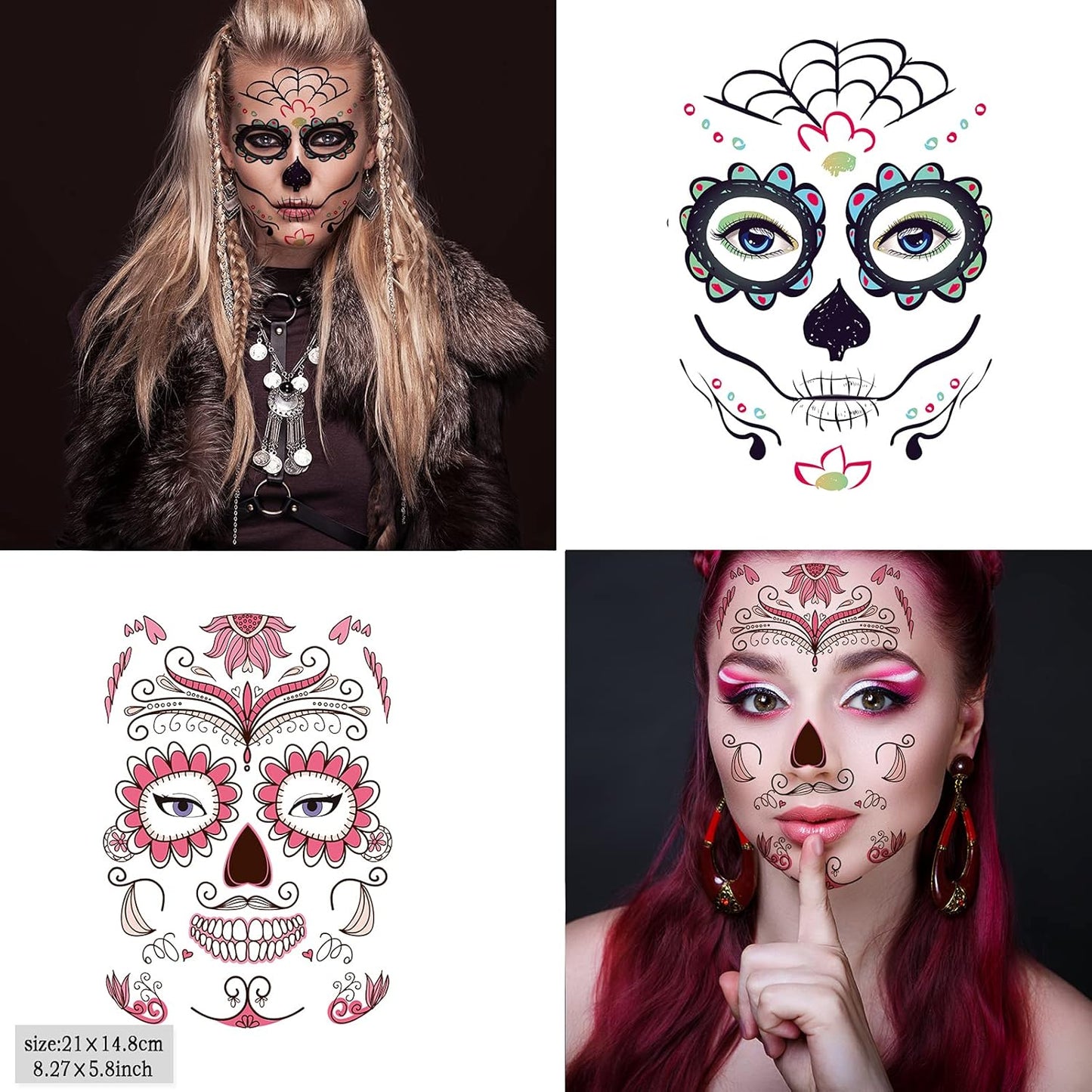 12 Sheets Halloween Face Tattoos - Day of the Dead Sugar Skull Designs | Large Temporary Tattoos