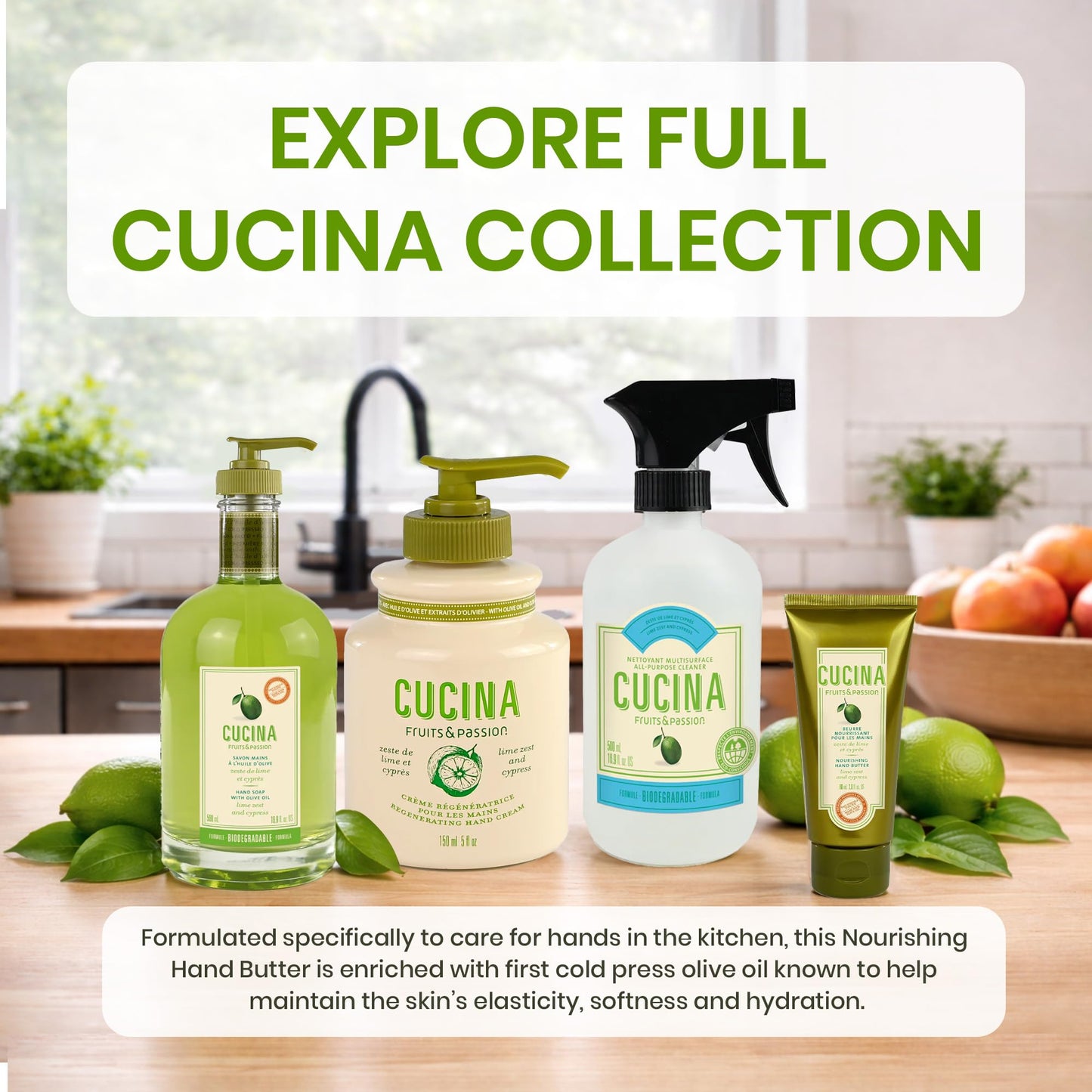 Fruits & Passion Cucina Lime Zest & Cypress Nourishing Hand Butter for Dry Cracked Hands, Rich Natural Formula with Cold-Pressed Olive Oil in Recyclable Jar, 2.0 fl oz