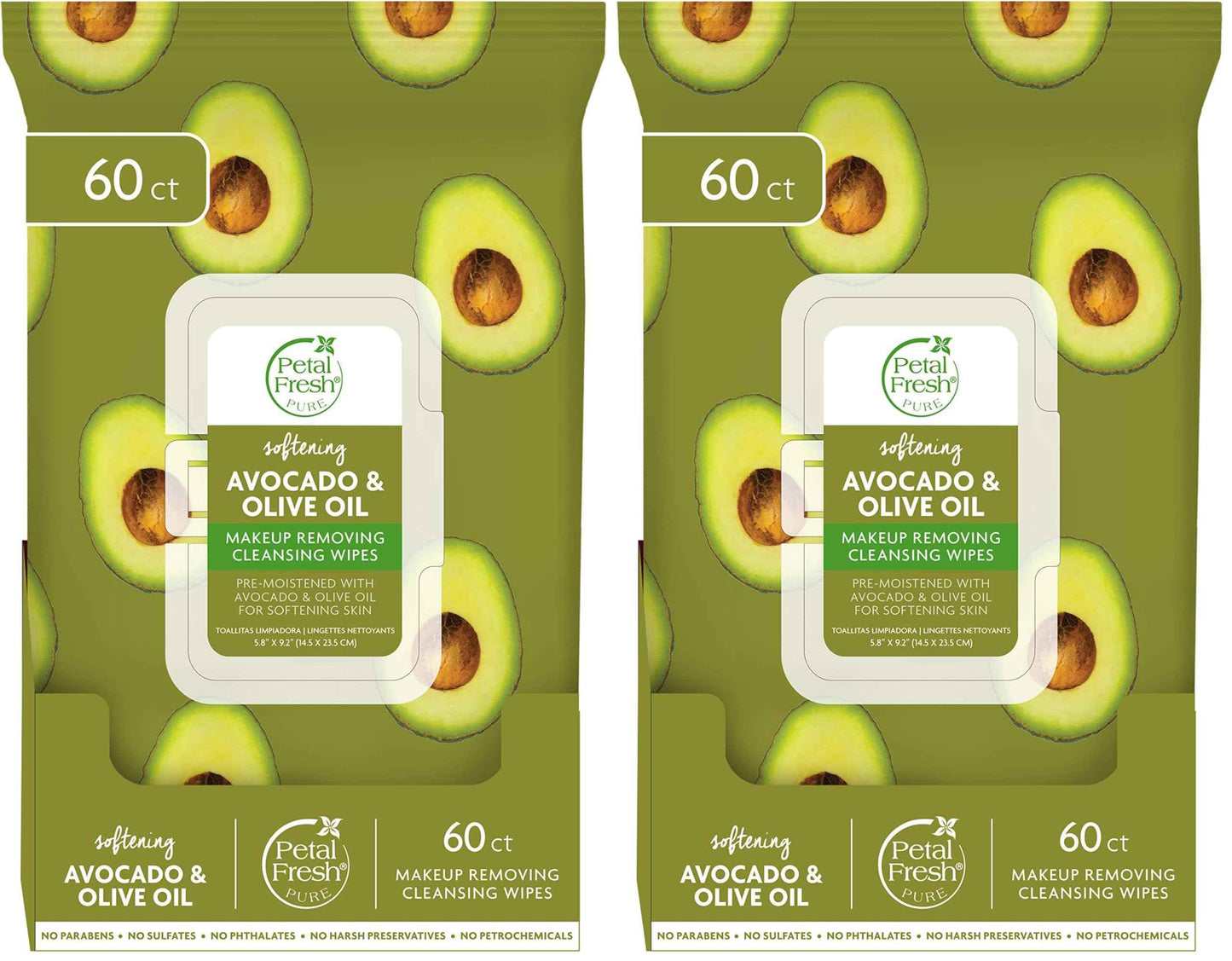 Petal Fresh Softening & Protecting Avocado & Olive Oil Makeup Removing, Cleansing Towelettes, Gentle Face Wipes, Daily Cleansing, Vegan and Cruelty Free, 60 count (Pack of 2)