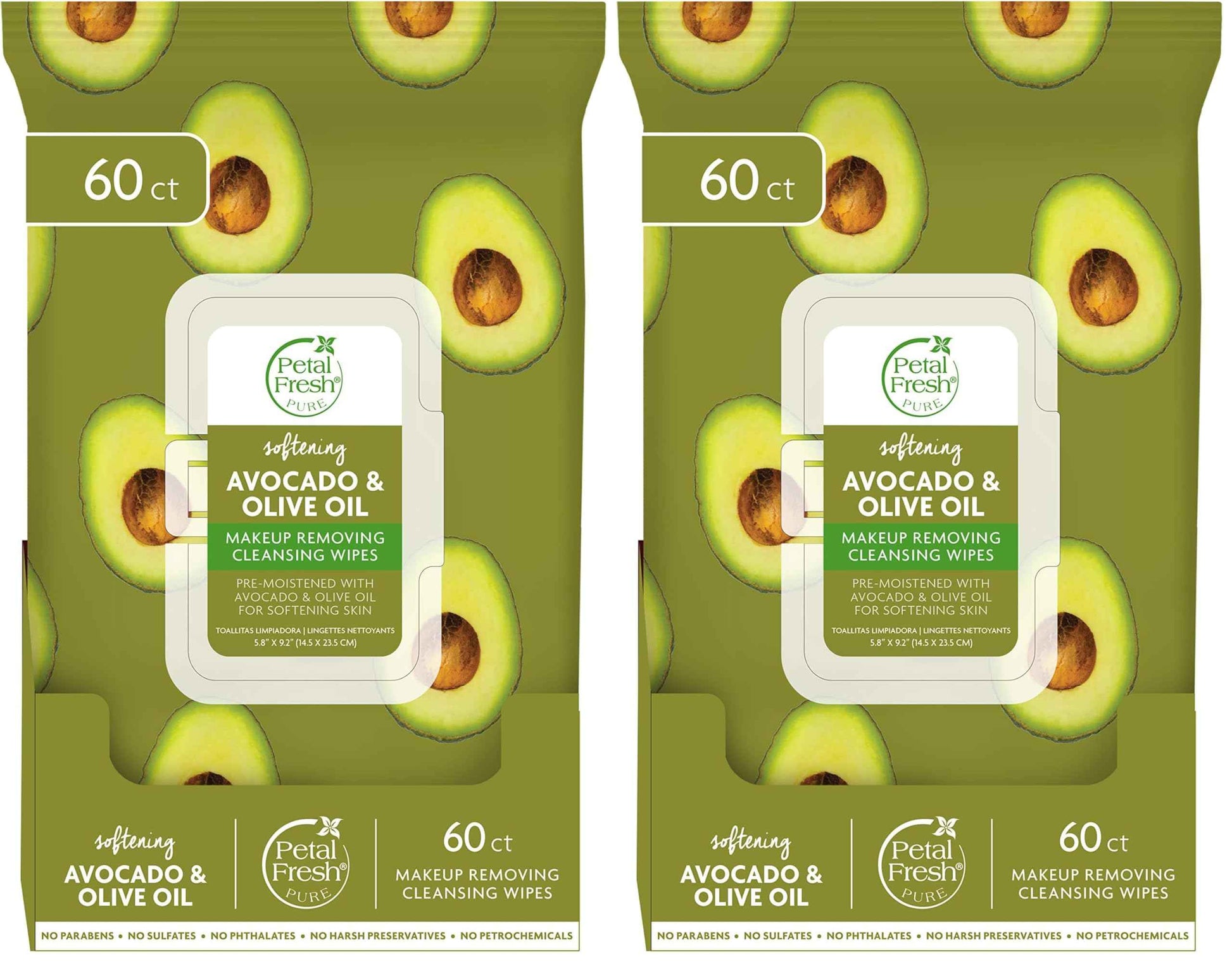Petal Fresh Softening & Protecting Avocado & Olive Oil Makeup Removing, Cleansing Towelettes, Gentle Face Wipes, Daily Cleansing, Vegan and Cruelty Free, 60 count (Pack of 2)