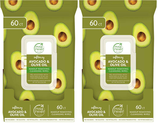Petal Fresh Softening & Protecting Avocado & Olive Oil Makeup Removing, Cleansing Towelettes, Gentle Face Wipes, Daily Cleansing, Vegan and Cruelty Free, 60 count (Pack of 2)