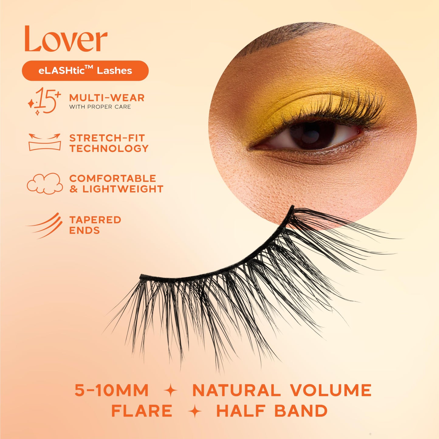eLASHtic™ Lashes, Half Lashes, Strip Eyelashes, Natural Wispy Lashes, Fake Eyelashes, Elastic Lash Band, Flared & Natural Volume (Lover) Half Lash