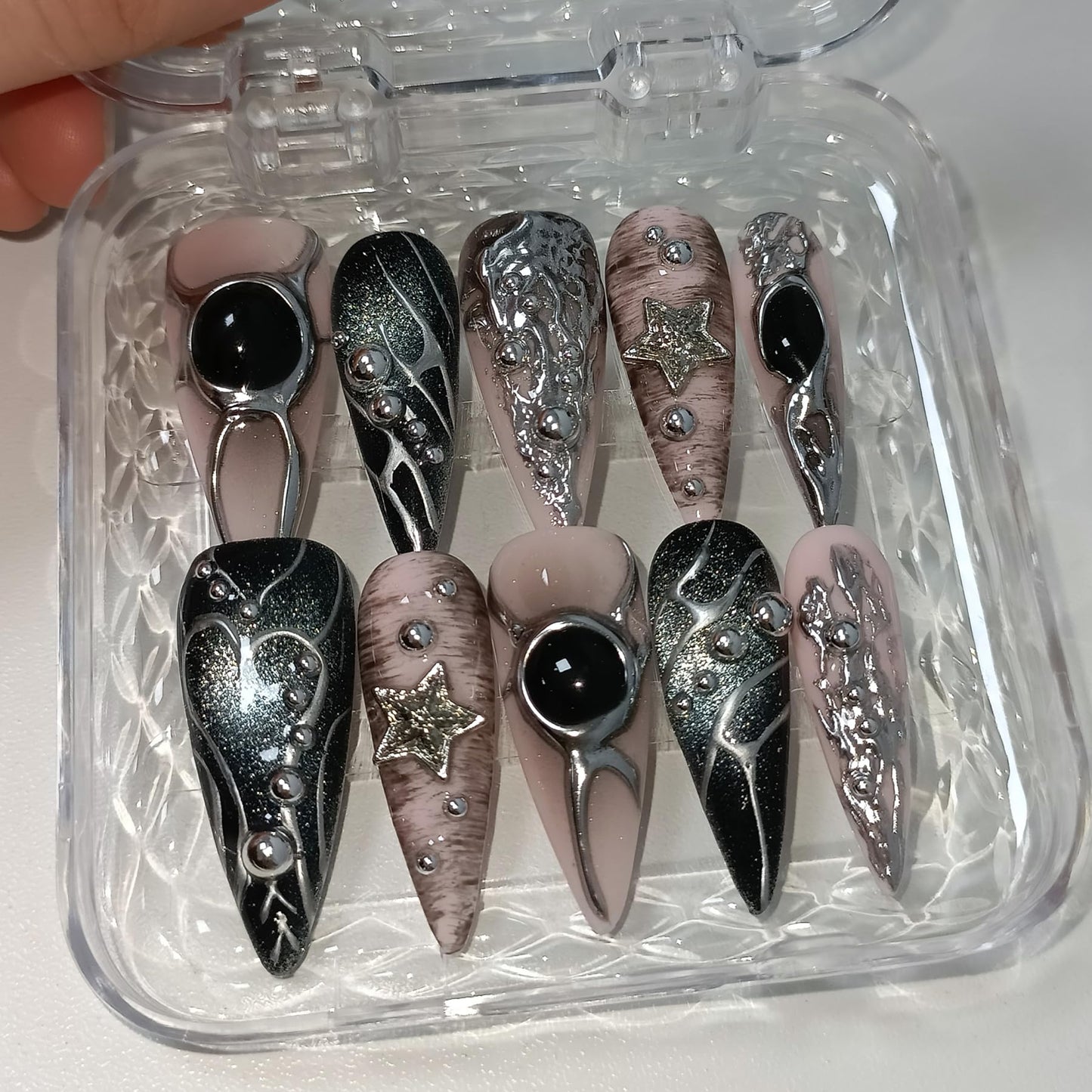 TENPAL Pink Black Press on Nails Long Stiletto,Metal Gothic Fake Nails with Punk Stars Beads,Cat Eye Glitter Edgy Y2K Ins False Nails with Tools,Sweet Grunge Irregular 3D Handmade Nails 10pcs(S)