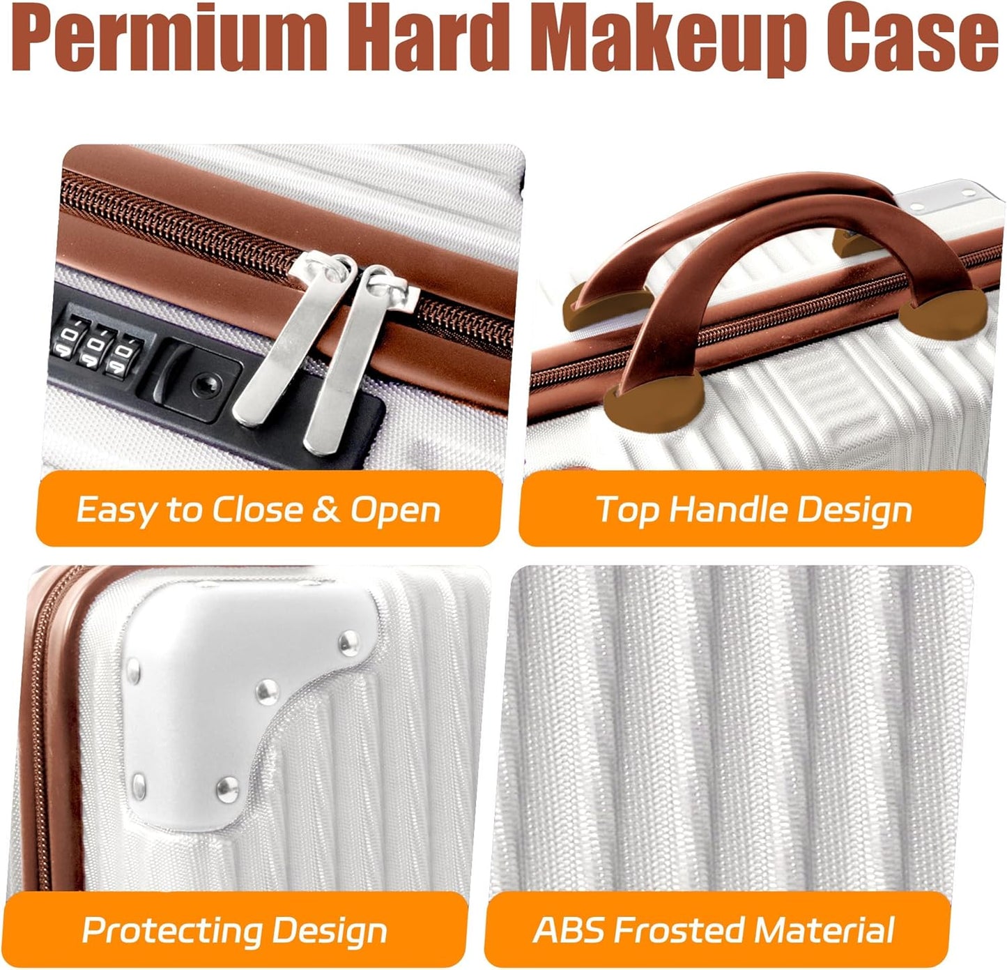 Portable 14-Inch Makeup Travel Case - Pressure-Proof Hard Suitcase with Elastic Band | Beige Toiletry Bag for Women