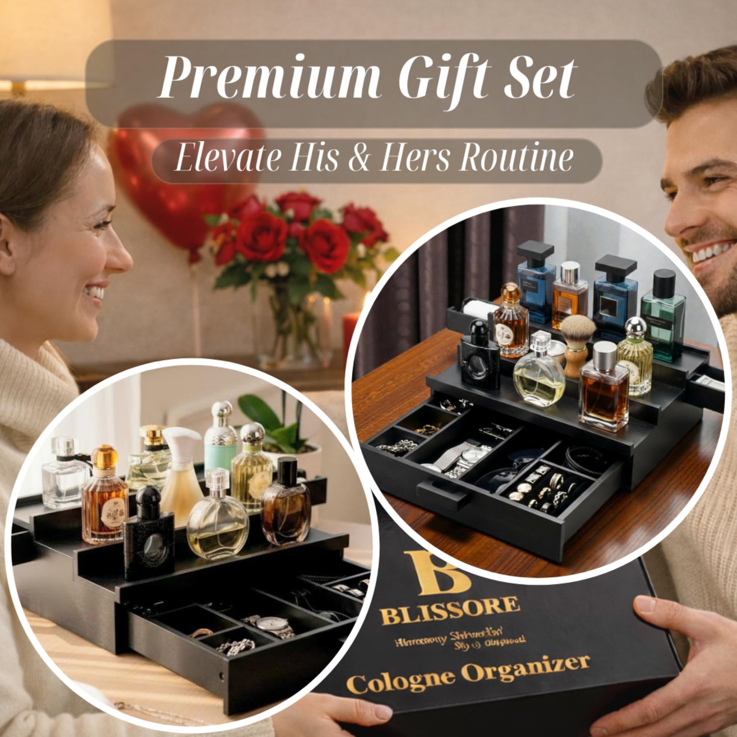 BLISSORE Cologne Organizer for Men | 3-Tier Wooden Cologne Stand and Display Holder with 2 Side-Opening Drawers | Ring Slots, Watch & Jewelry Storage| Perfume Stand Organizer| Perfect Gifts for Men