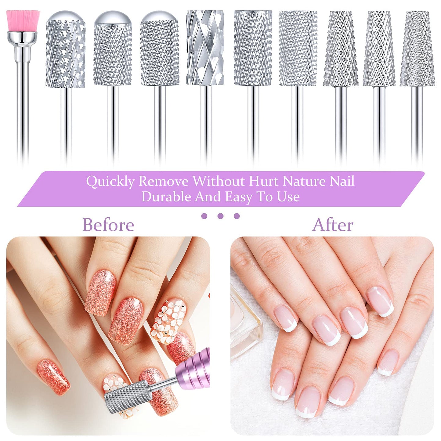 Honoson 10 Pcs Nail Drill Bits Set, 3/32 Inch Cuticle Tungsten Carbide Bit for Nail Drill Nails, File Remove Acrylic Gel Polish Manicure Pedicure Tool for Salon Home Supplies(Silver)