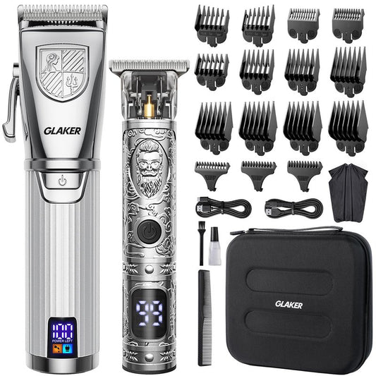 GLAKER Hair Clippers for Men,Professional Mens Hair Clippers Cordless Clippers for Hair Cutting,Precision Trimmer Kit Zero Gap Trimmer with LED Display 15 Guide Combs (Silver)