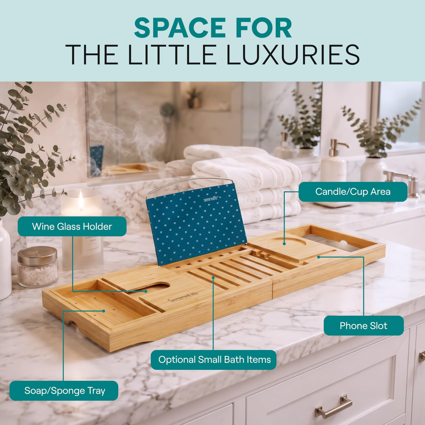 SereneLife Premium Bathtub Tray Caddy with Gift Box and Bow Set, Expandable Bath Tray, Unique House Warming Gifts for Mom, Women, Wedding, Anniversary, Bridal Shower, Fit for All Tub - Natural