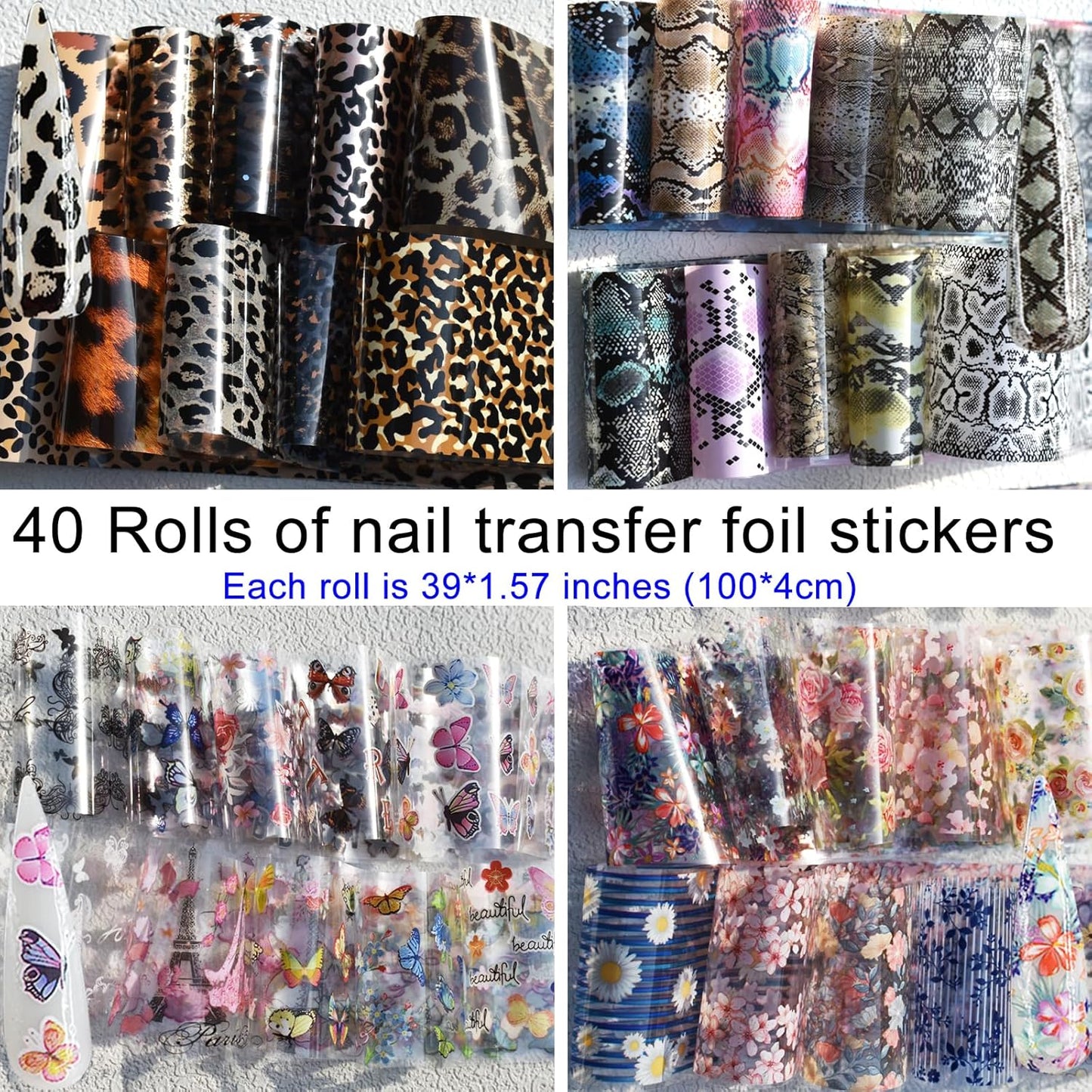 Nail Art Transfer Foils Set - 40 Rolls of Floral, Leopard, Snake Skin & Butterfly Patterns | Nail Foil Adhesive Decals