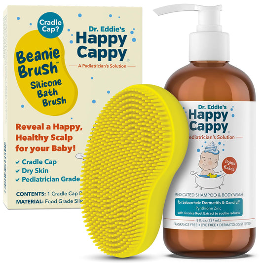 Happy Cappy Cradle Cap Medicated Shampoo and Body Wash with Beanie Brush - Baby Dandruff Shampoo, Helps Infants with Seborrheic Dermatitis, Dermatologist Tested, Gentle Baby Scalp Scrubber - 2 Pieces