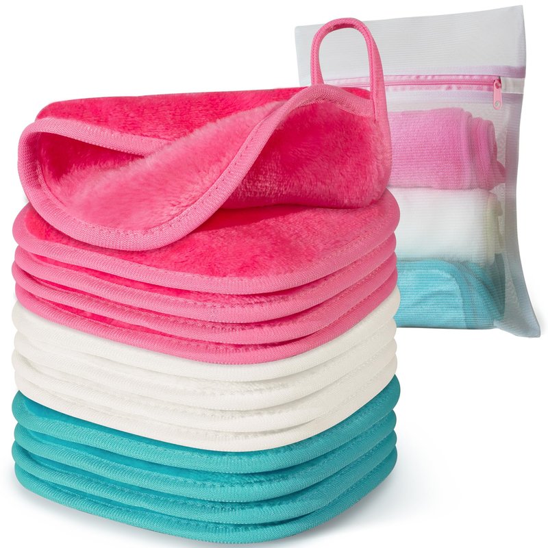 Makeup Remover Cloth, 6" x 6" Make Up Towels Reusable Face Cloth for Washing Face, Makeup Remover Pads Microfiber Face Washcloth with Mesh Bag, Just Water, 12 Pack