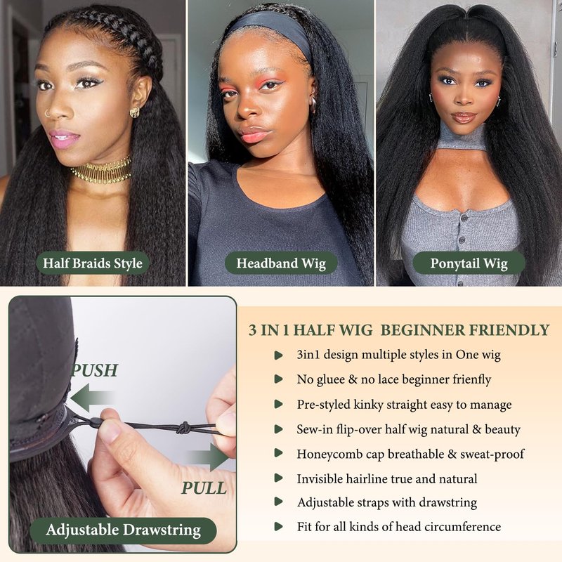 Prosa Kinky Curly Half Wig, 3-in-1 Synthetic Hair with Drawstring Headband, Clip-in Glueless Seamless Flip Over Design, Color 1B, for Women (16inch)