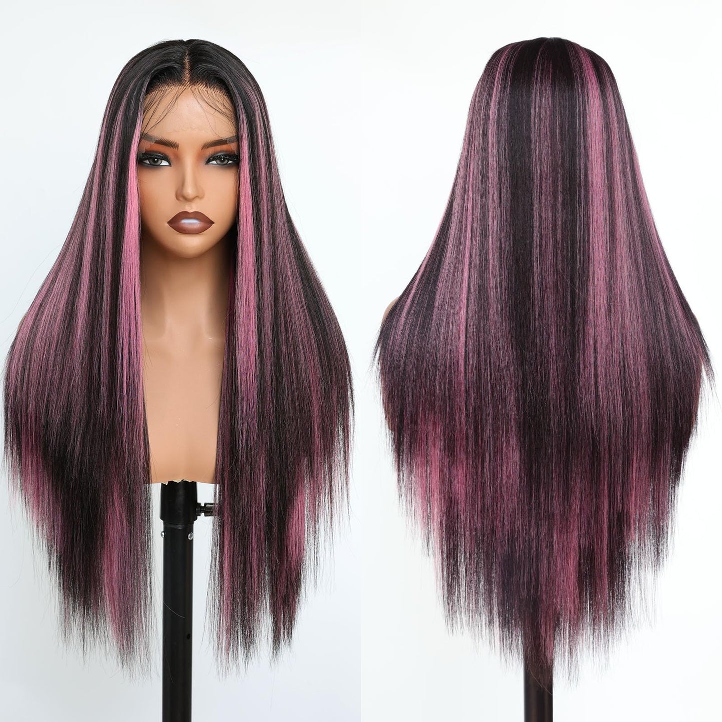 FABÉLLE Black and Pink Highlight Wig Lace Front Wigs Pre Plucked with Baby Hair Glueless Wig 26 Inch Long Straight for Women Pink Color Forehead Synthetic 13×4×1 Lace Front Wig
