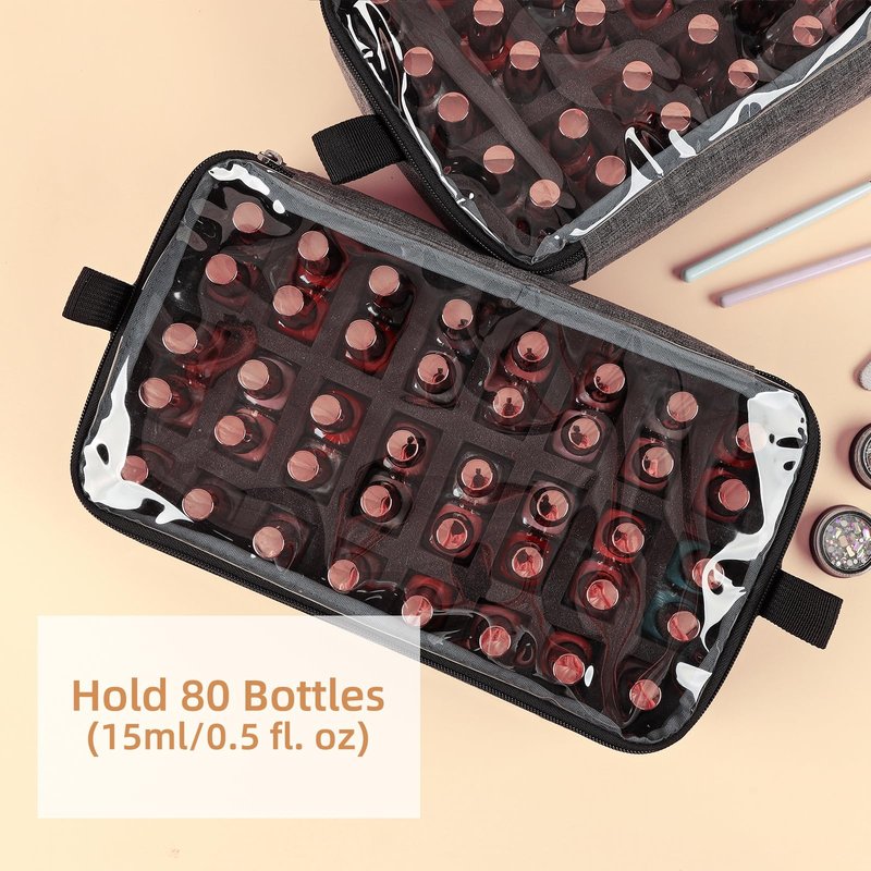 HOMEST Double Layer Nail Polish Organizer Holds 80 Bottles (15ml/0.5 fl. oz) and a Lamp, Case with 2 Removable Pouches for Manicure Tools Storage, Grey(Bag Only)