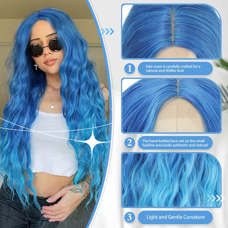 BUPPLER Cosplay Long Blue Wig 28 Inch Middle Part Synthetic Wig Realistic Gifts Party Wigs for Women Daily Use Colorful Wigs (Blue)