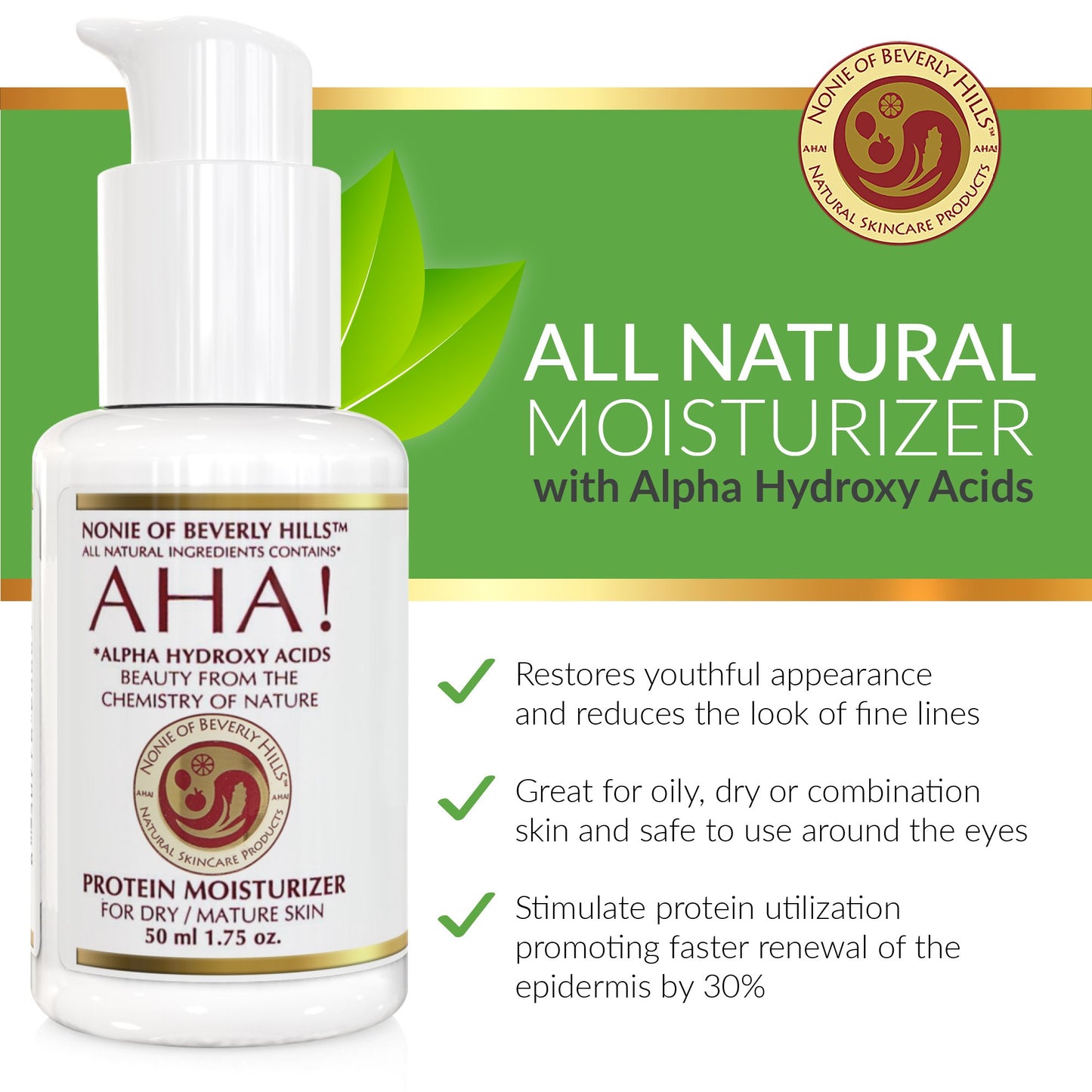 Nonie AHA Protein Moisturizer for Dry Skin Rejuvenating Protein Cream with Alpha Hydroxy Acids 100% Natural & Vegan Ingredients Gentle USA Made