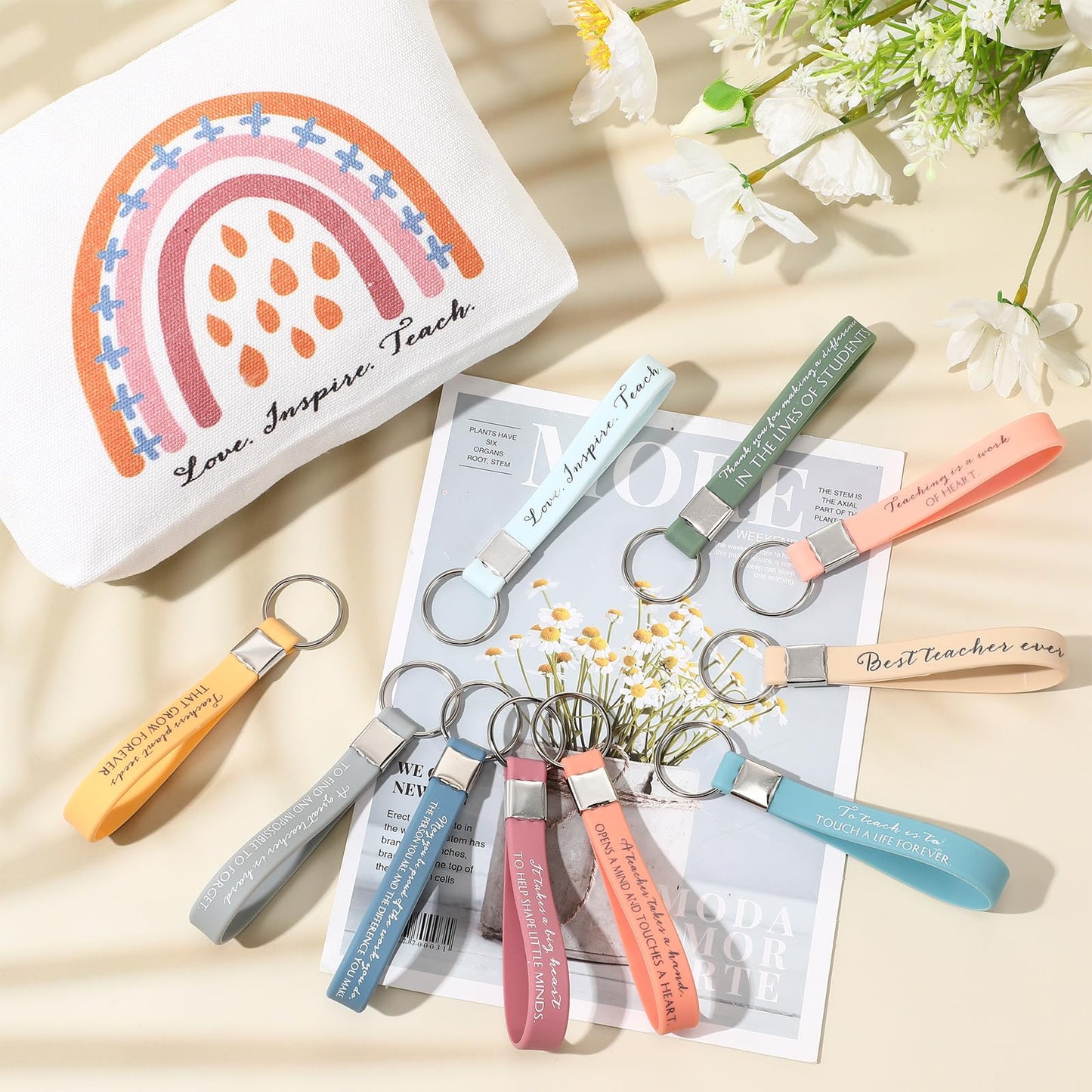 Hillban 60 Pcs Teacher Appreciation Gifts Bulk for Women 30 Rainbow Canvas Makeup Bags 30 Motivational Quotes Keychains Thank You Classroom Gift for Teachers Day Coworker Employee