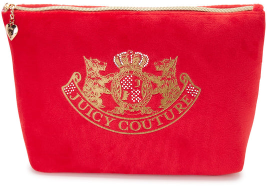 Juicy Couture Red Makeup Bag Cosmetics Organizer Travel Essentials Zip Top Wedge Velour Rhinestones Gold Terrier Dogs