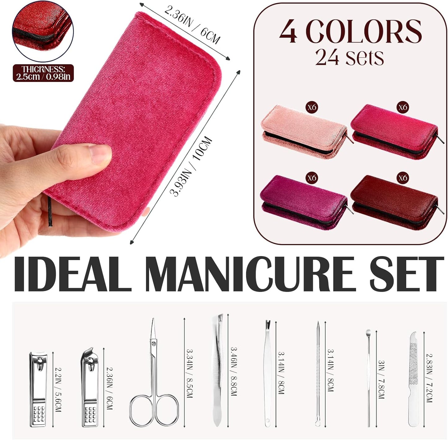 Mini Manicure Set - 24 Sets Nail Grooming Kit for Men & Women | Luxurious Travel Case, Stainless Steel, 8-in-1 (Red)