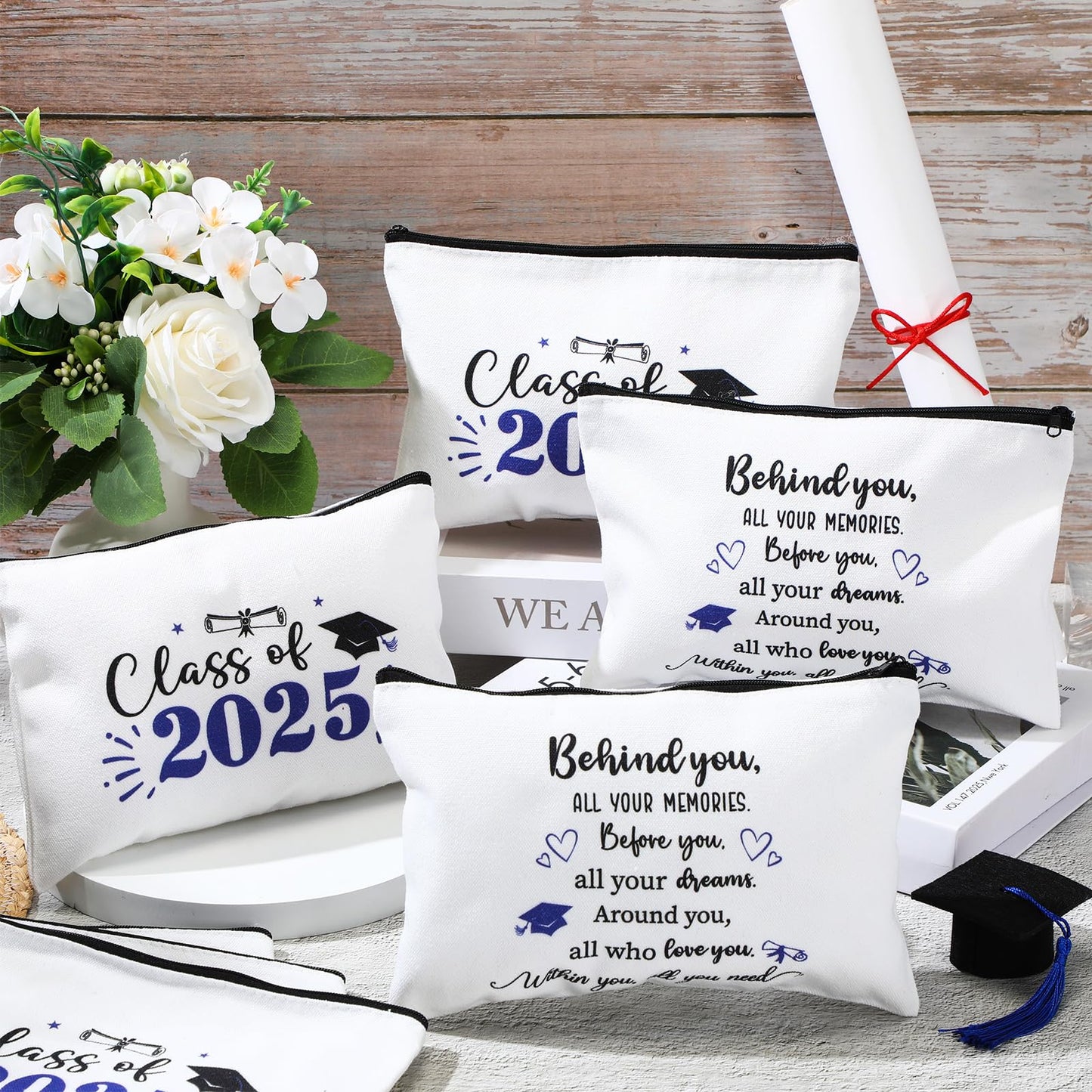 Meanplan 20 Pcs Graduation Gift Bulk Class of 2025, Canvas Makeup Bag Graduation Party Favors Inspirational Cosmetic Pouch Thank You for Guest Her Women Teacher Student Christmas(Blue)