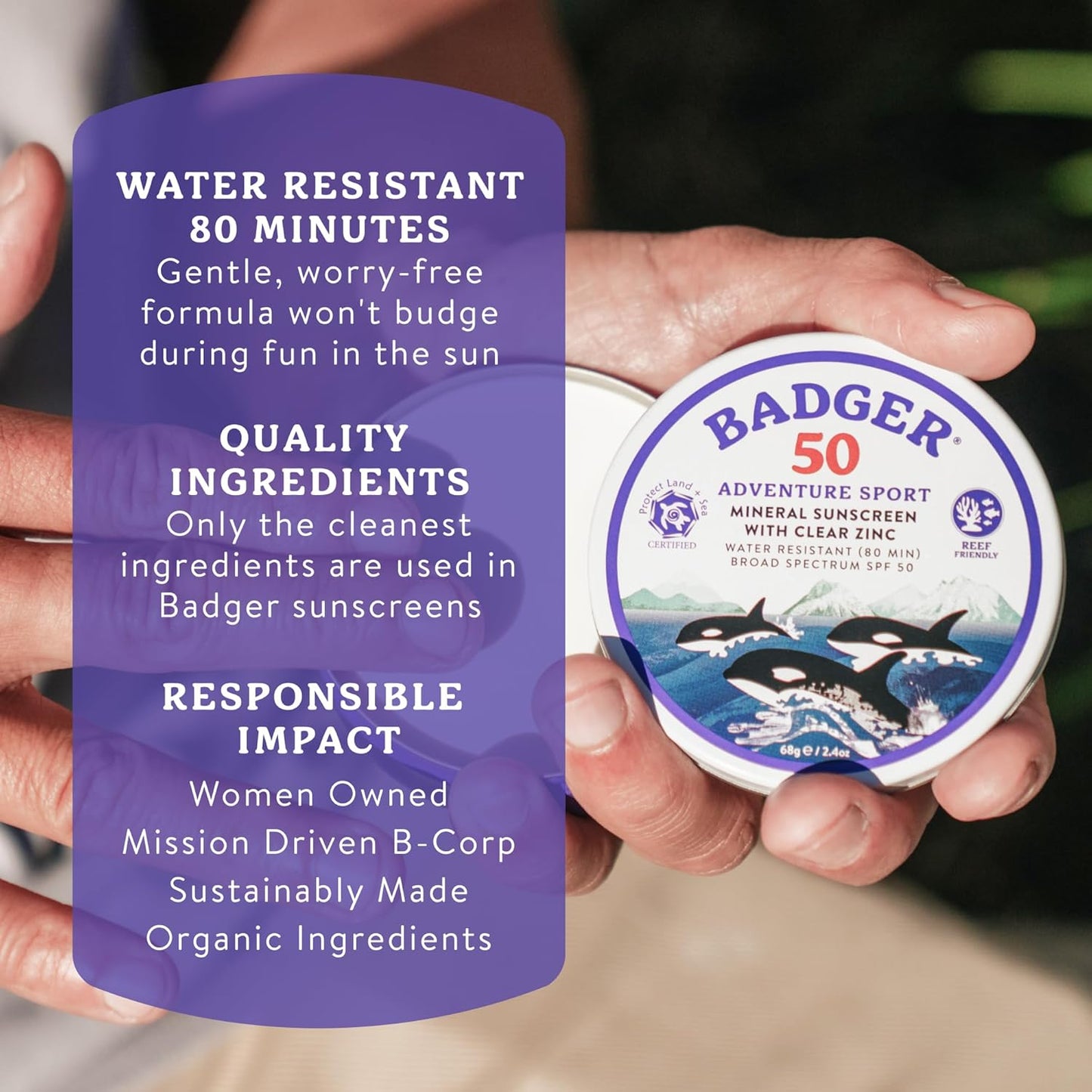 Badger Reef Safe Mineral Sunscreen SPF 50 - 98% Organic Zinc Oxide, Non-Toxic, Water Resistant | 2.4 oz Tin (2 Pack)