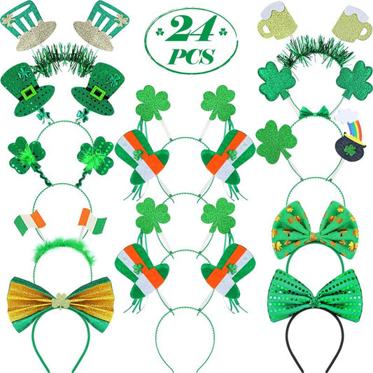 Yinder 24 Pieces St. Patrick's Day Head Boppers Headband Irish Accessories Clover Headband Bulk Shamrock Headpiece Green Headwear Gifts for Women Men Party Favors