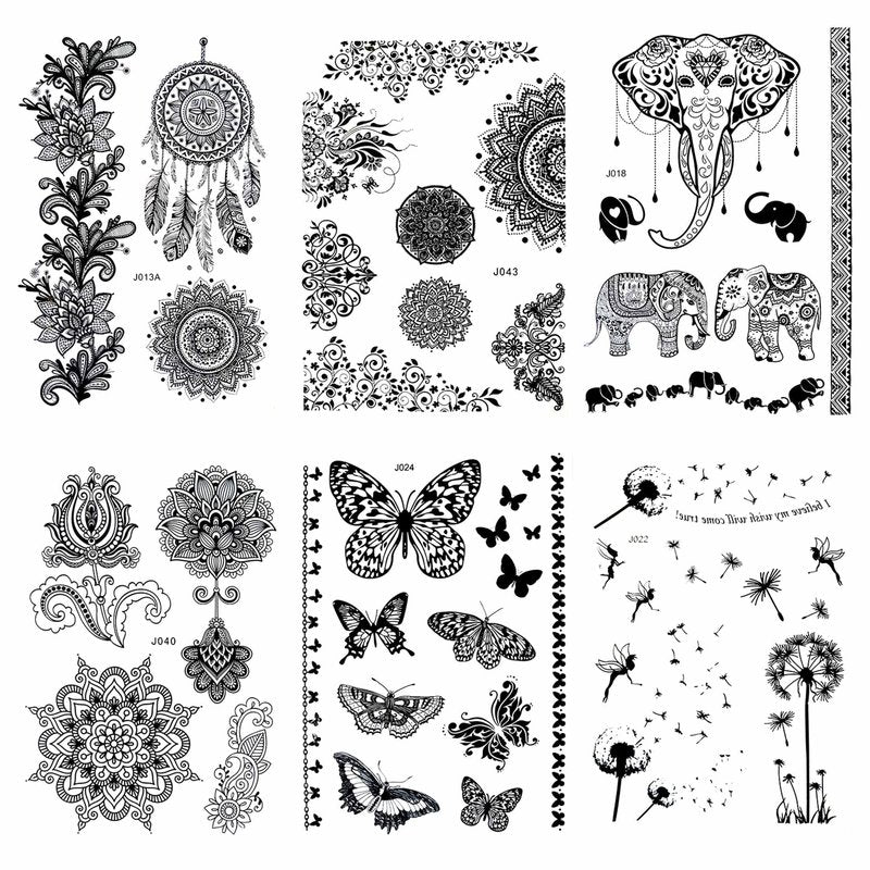 Temporary Tattoos for Women 6 Pack Henna Tattoo Stickers for Adults Women & Girls Metallic Black Lace Body Art Large Big Arm