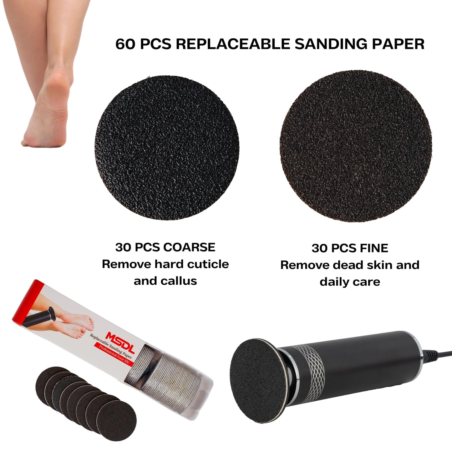 High Power Electric Foot Callus Remover, 2026 Upgrade with 100-inch Extra-Long Cord and 60 Replaceable Sandpaper Discs, Electric Foot File for Cracked Heels and Dead Skin, Black