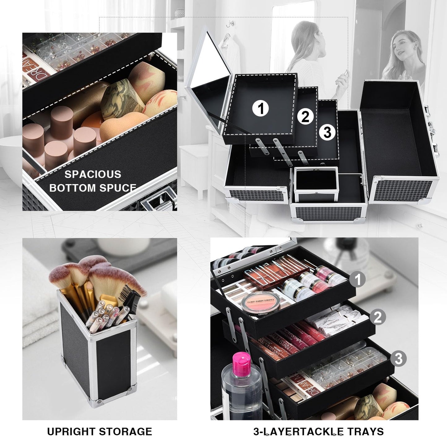 Joligrace Makeup Train Case Cosmetic Box 11.6 Inch Jewelry Organizer Professional 3 Tiers Trays with Mirror and Brush Holder Lockable Key Portable Travel - Rose Gold